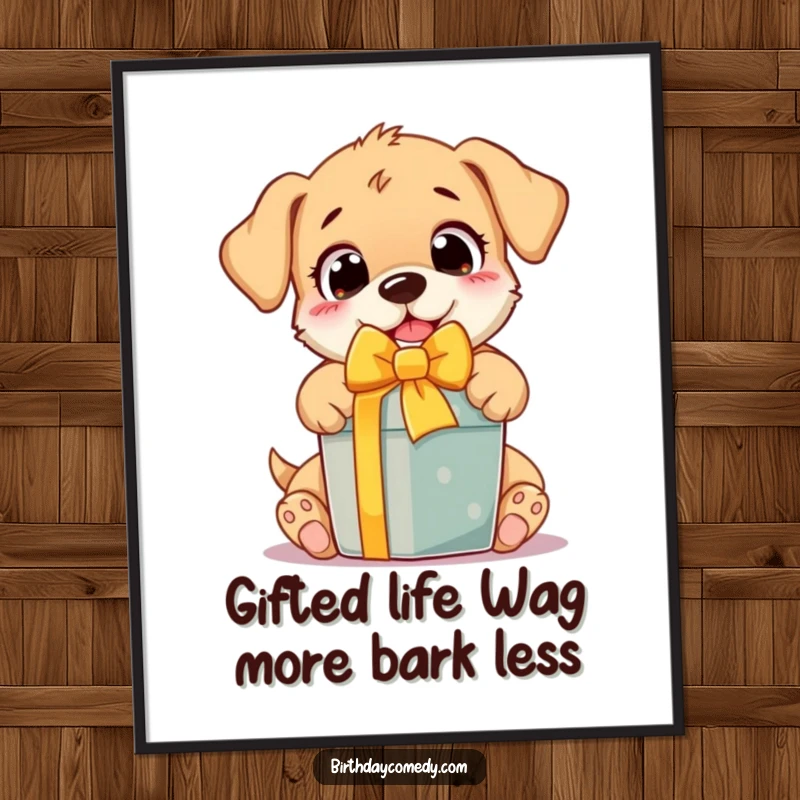 Funny free printable wall art of an ecstatic puppy with wide eyes, tearing into a gift box, radiating pure joy and excitement.