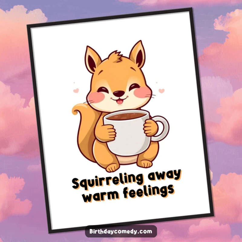 Funny Free Printable Squirrel Wall Art: Content squirrel with rosy cheeks sips warm cocoa, embodying cozy vibes.