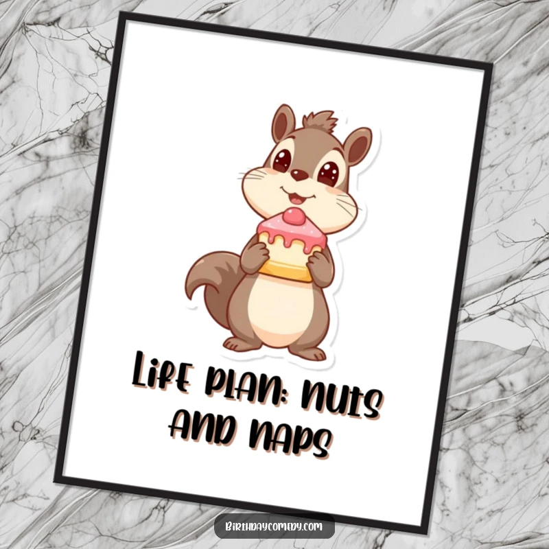Funny Free Printable Squirrel Wall Art: Playful squirrel holding a slice of cake, looking up, perfect for humorous home decor.