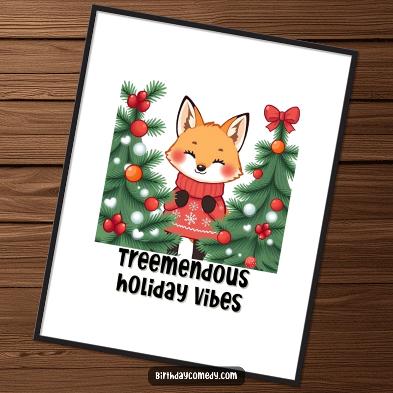 Funny free printable wall art of a playful fox in a festive jumper peeking from behind a decorated pine tree.