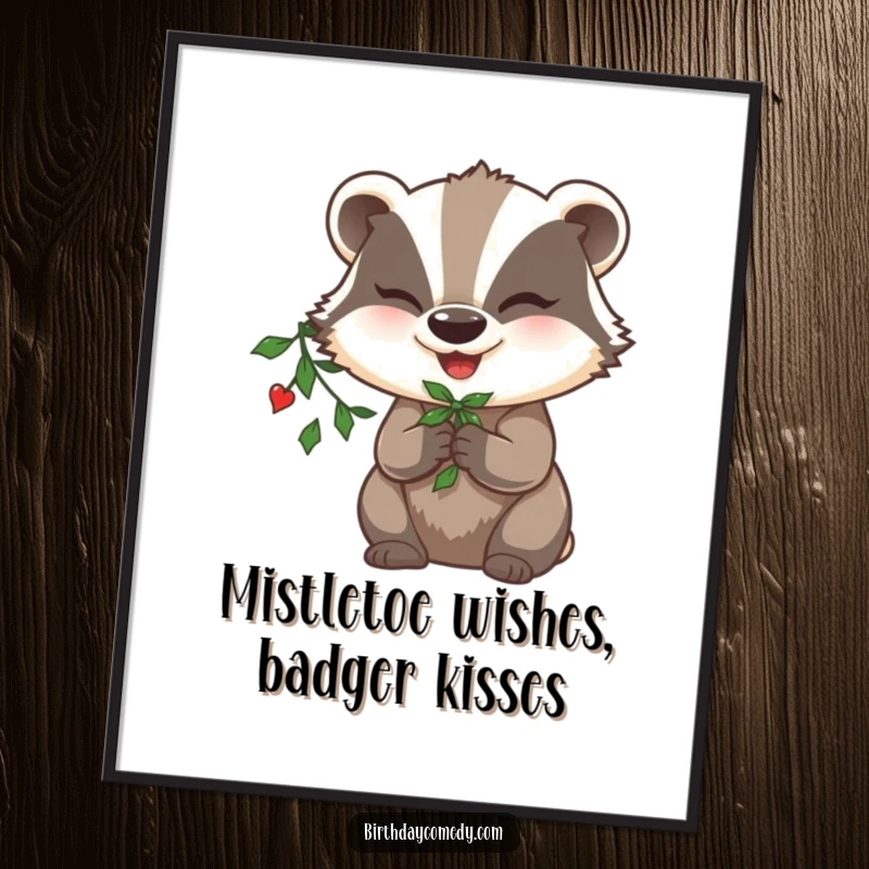 Funny free printable wall art of a happy badger with mistletoe in its paw, winking mischievously.