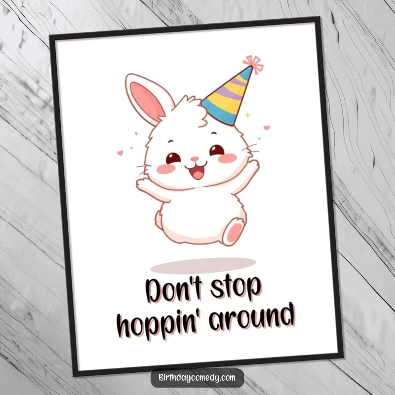 Funny free printable wall art of a fluffy bunny wearing a party hat, bouncing with pure gleeful energy. Cheerful and vibrant decor.