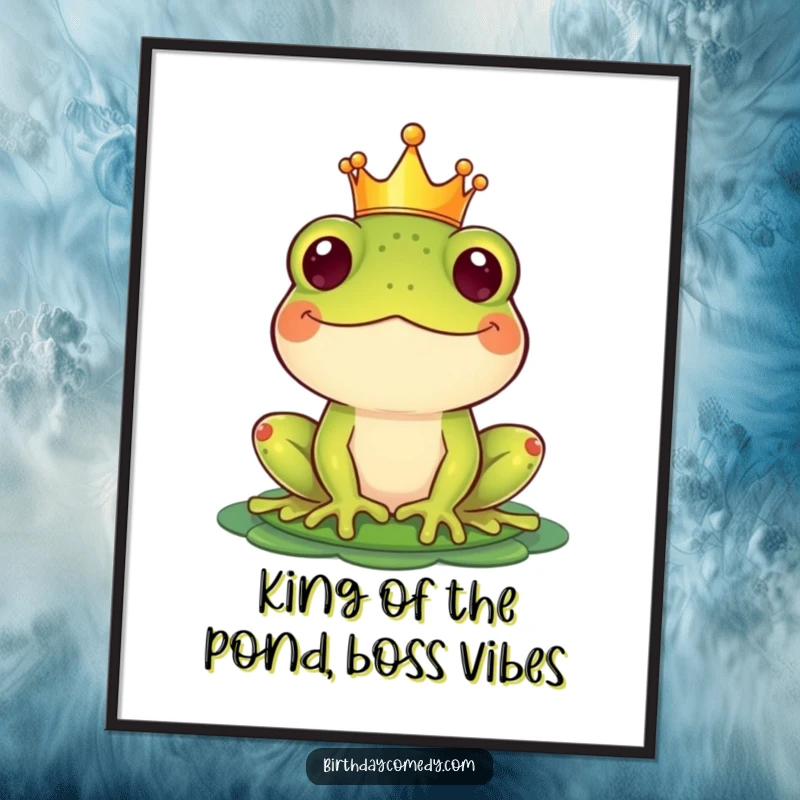 Funny Free Printable Wall Art: Whimsical frog wearing a crown, balancing a lily pad hat with a smile.