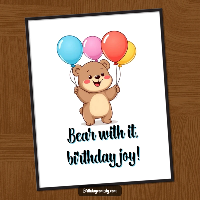 Funny Free Printable Wall Art: A cute bear cub artistically juggling a rainbow of colorful balloons with pure joy.