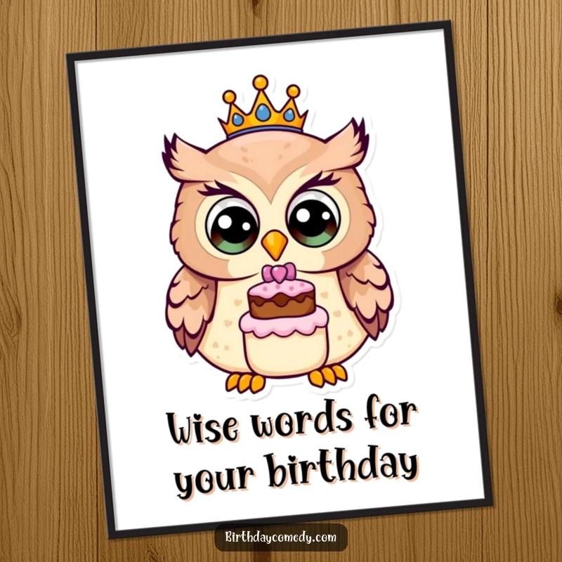 Funny Free Printable Wall Art: A cheerful owl with wide, expressive eyes wears a birthday crown and holds a tiny cake.