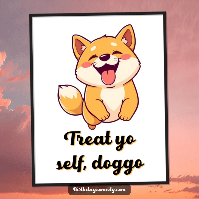 Funny Free Printable Wall Art: A joyful Shiba Inu with its tongue lolling out, mid-air leaping for a virtual treat.