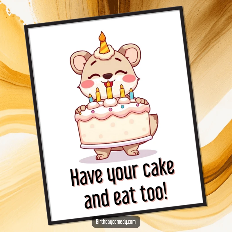 Funny Free Printable Wall Art: Stylized animal gleefully presenting a giant frosted birthday cake, a cheerful accent piece.