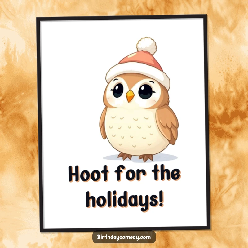 Funny Free Printable Owl Wall Art: Cute owl in stocking cap gazing at twinkling lights, creating a magical atmosphere.