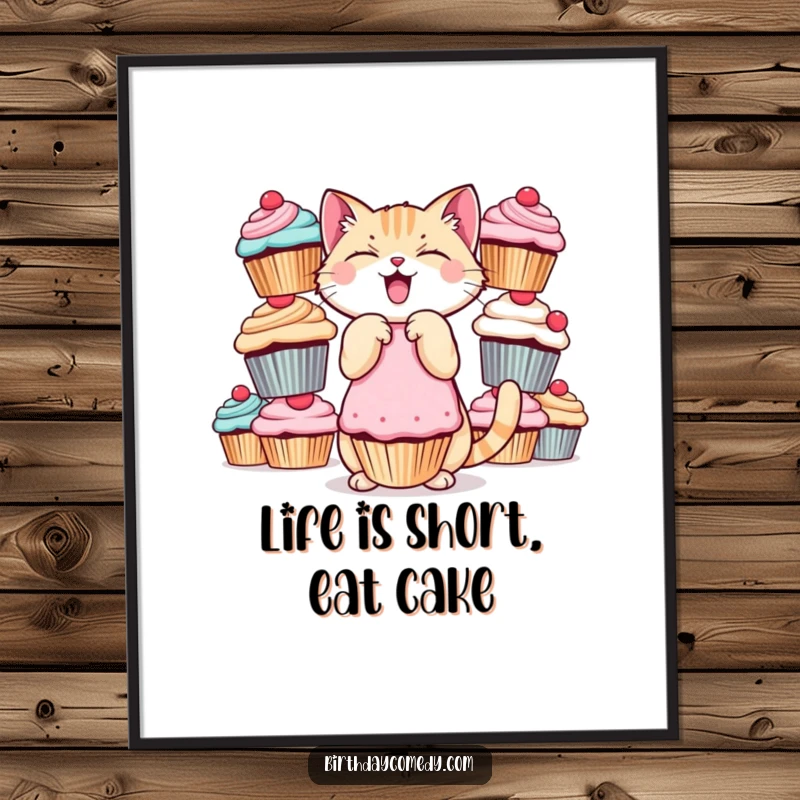 Funny Free Printable Cat Cupcake Wall Art: Giggling cat balancing giant cupcakes, perfect for humorous home decor.