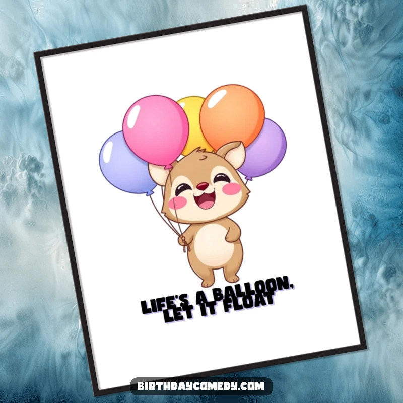 Funny Free Printable Wall Art: Happy animal with a wide smile holding a bunch of brightly colored balloons, a festive decoration.