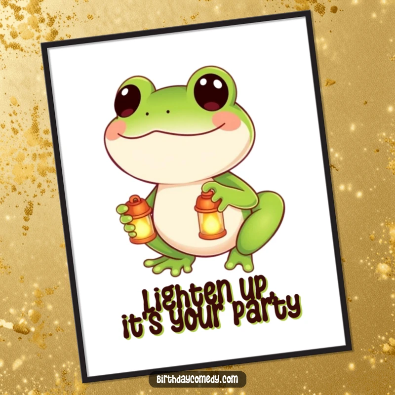 Funny Free Printable Wall Art: A smiling frog holds a tiny glowing lantern, radiating warmth and cheer.