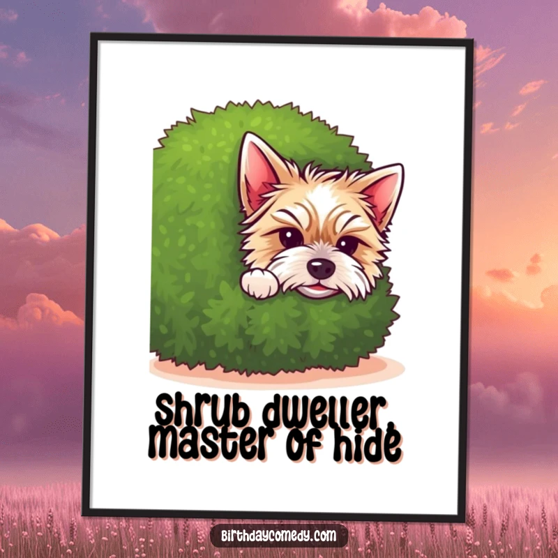 Free Printable Wall Art: A cute terrier puppy peeking out from behind a dense, green shrub.