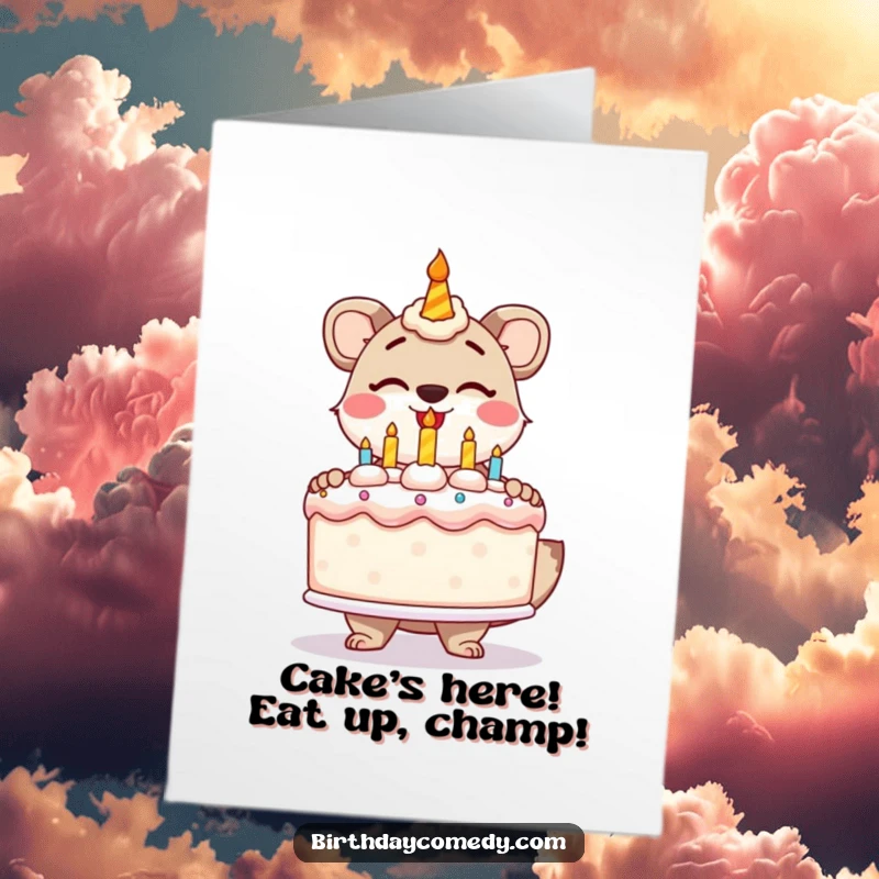 Funny Free Printable Birthday Card: Stylized animal gleefully presenting a giant frosted birthday cake, perfect for a laugh.