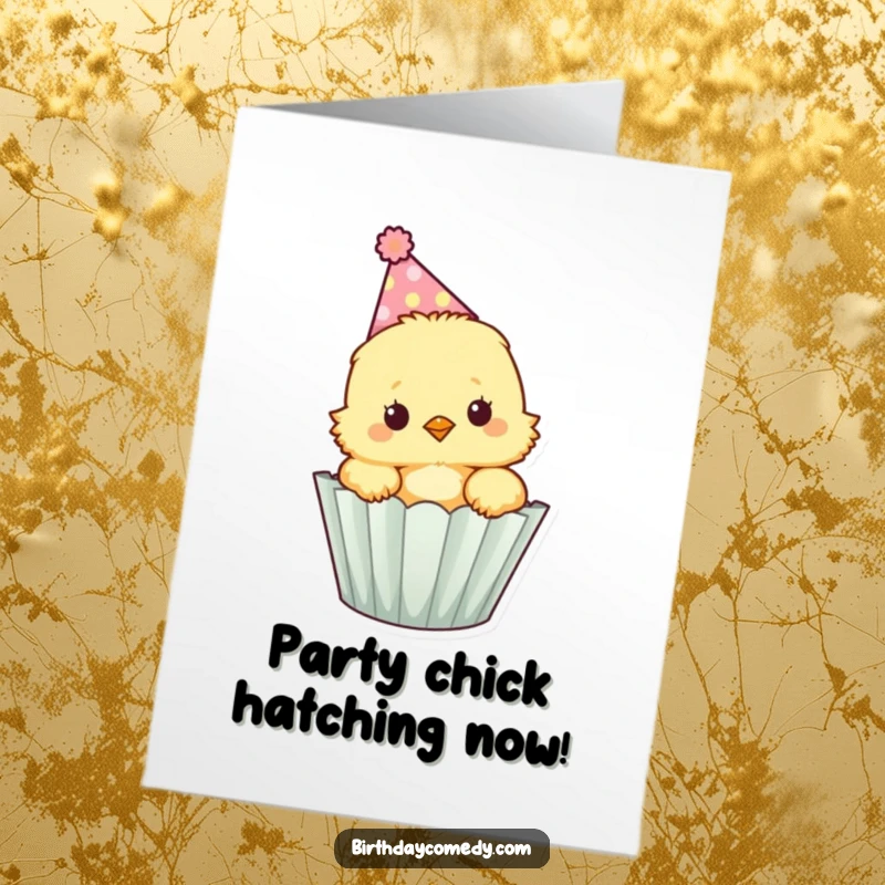 Funny Free Printable Birthday Card: Fluffy chick in a party hat peeking out of a cupcake wrapper, ready to party.