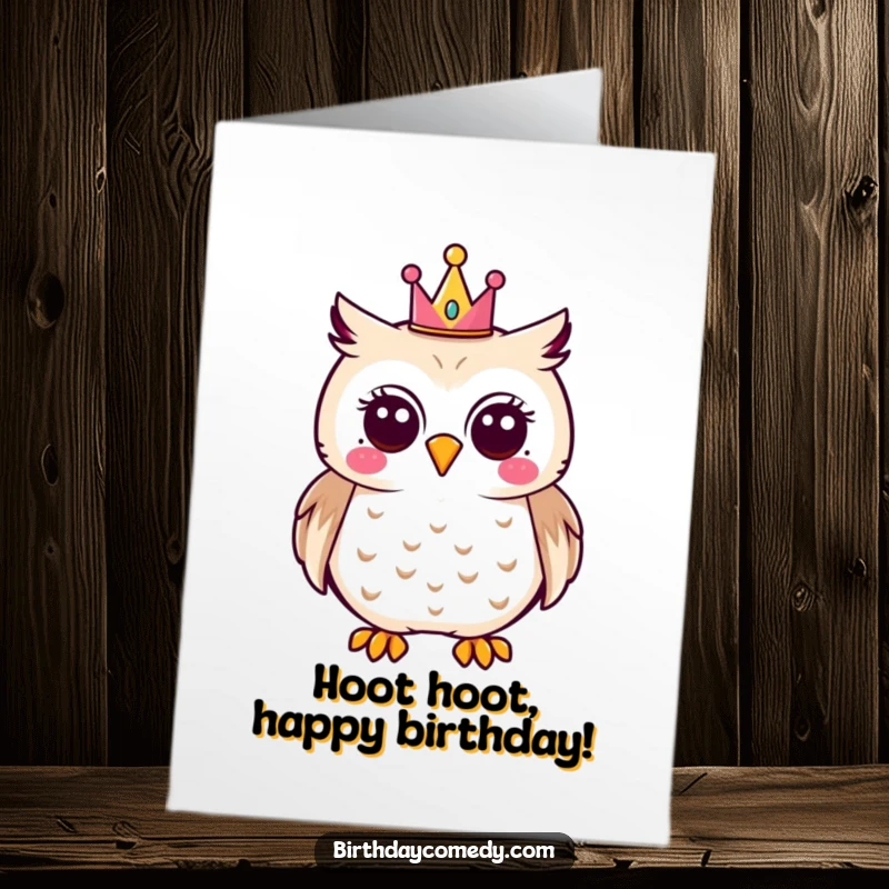 Funny Free Printable Birthday Card: Joyful owl wearing a tiny party crown, ready to wing a happy birthday wish.