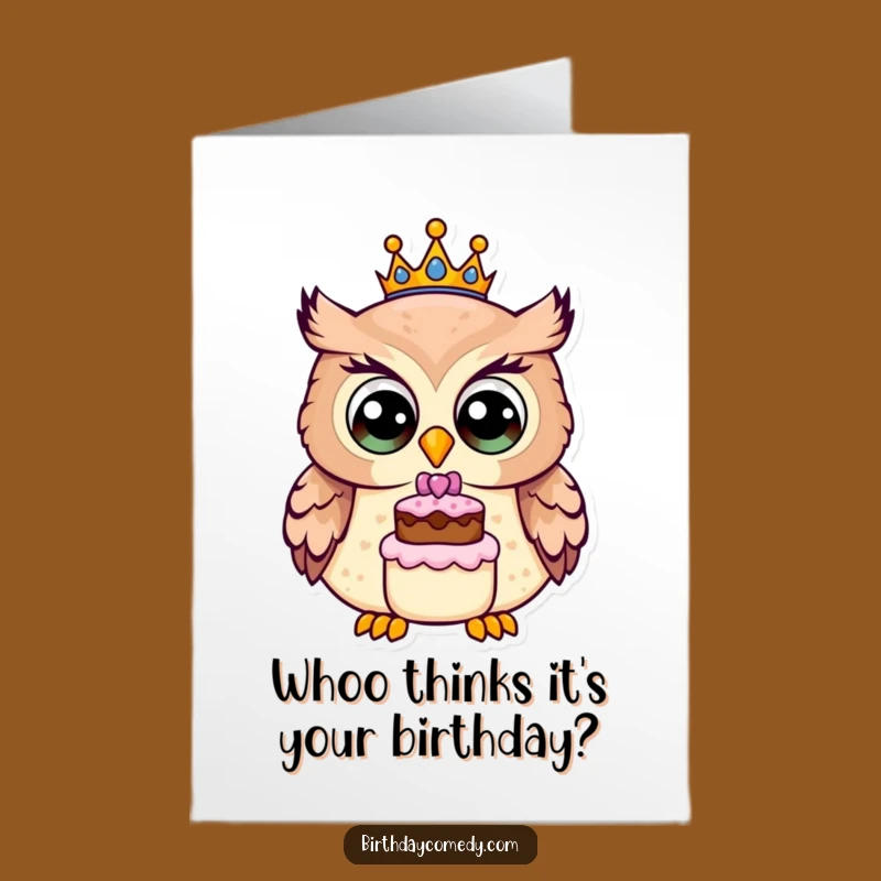 Free Printable Birthday Card: Owl with Crown & Cake - Funny Downloadable Celebration Gift