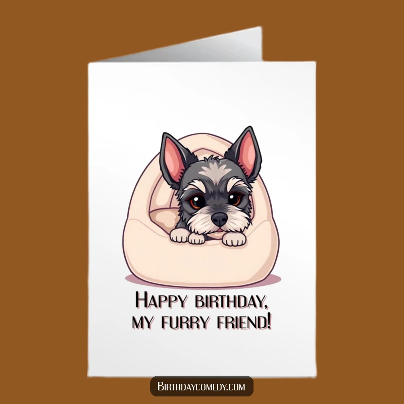 Free Printable Birthday Card: Schnauzer Puppy, Cozy Bed Humorous Downloadable Gift