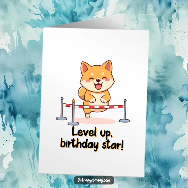 Funny Free Printable Birthday Card: A determined Shiba Inu navigating a virtual obstacle course with glee, celebrating the win.