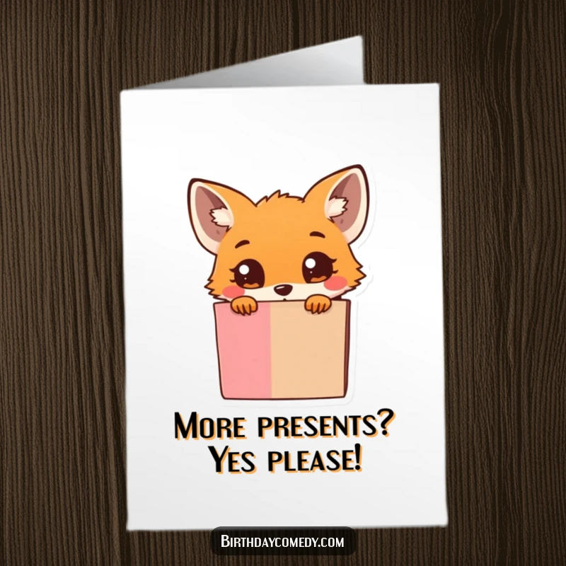 Funny Free Printable Birthday Card featuring a tiny fox peeking curiously from an overflowing gift box, ready for celebration.