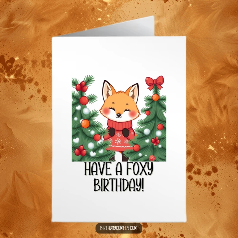 Funny free printable birthday card featuring a playful fox in a festive jumper peeking from behind a tree.