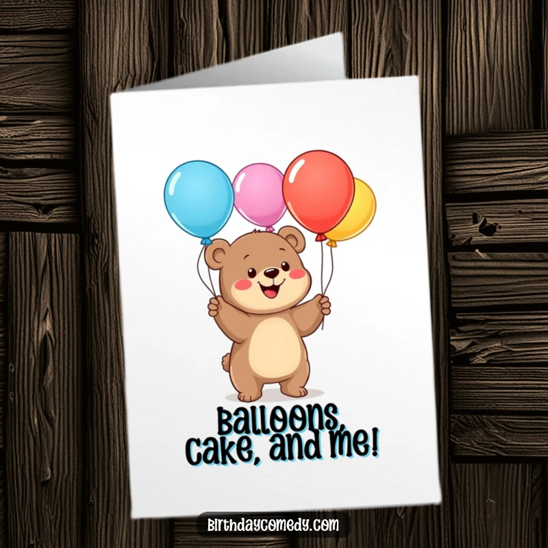 Funny Free Printable Birthday Card: Cute bear cub excitedly juggling colorful balloons with its paws, spreading cheer.
