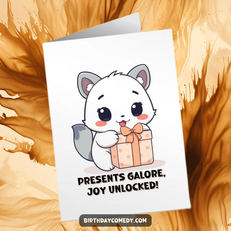 Funny Free Printable Birthday Card: Cute animal enthusiastically unwrapping a gift with wide, excited eyes, capturing birthday joy.