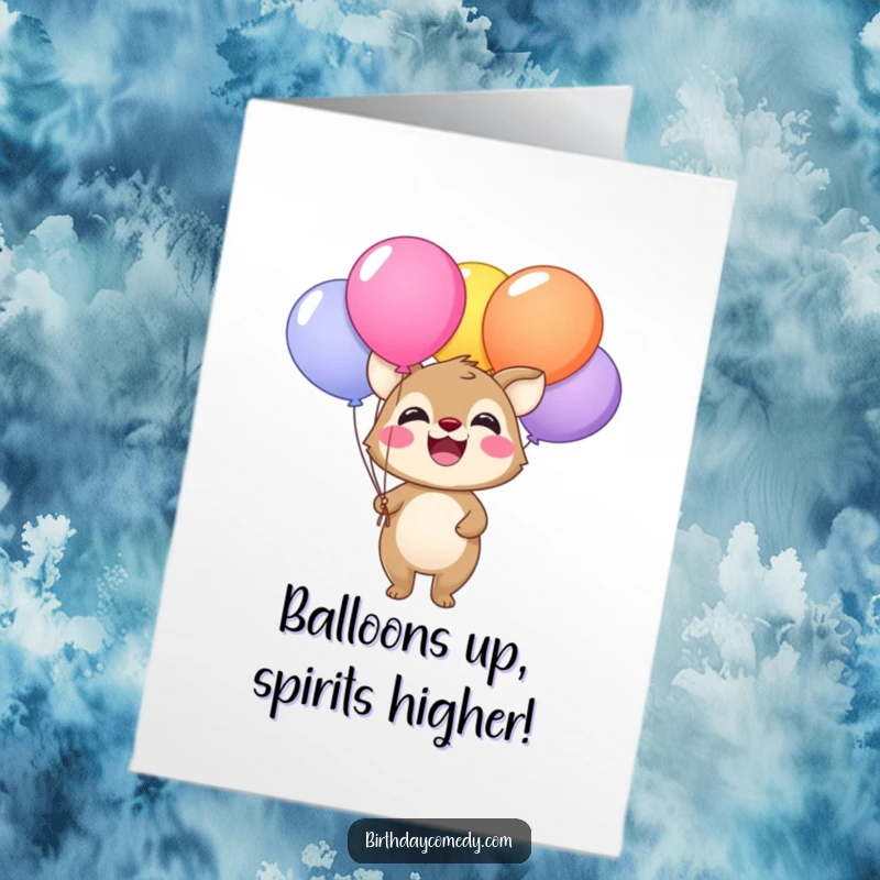 Funny Free Printable Birthday Card: Happy animal with wide smile holding brightly colored balloons, perfect for birthday wishes.