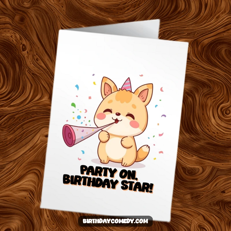 Funny Free Printable Birthday Card: Kawaii animal blowing confetti from a party horn, a festive downloadable gift for celebrations.