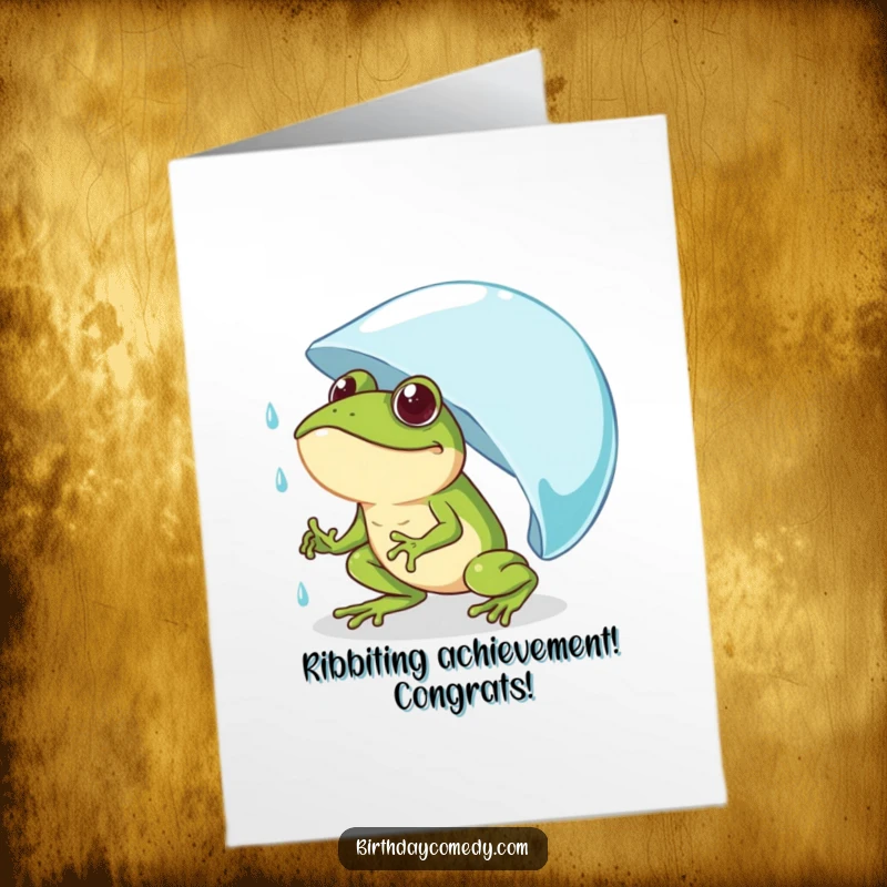 Funny Free Printable Congrats Card: A resolute frog pushing a massive raindrop uphill, symbolizing an incredible achievement.