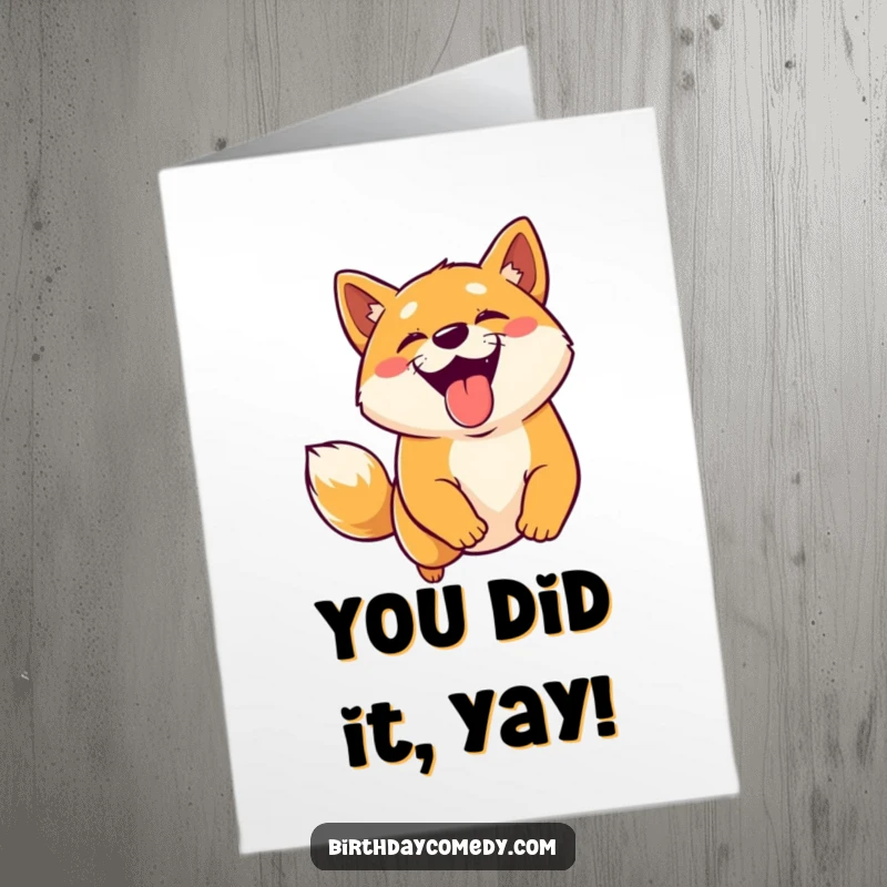 Funny Free Printable Congratulations Card: A happy Shiba Inu with its tongue out, jumping enthusiastically for a reward.