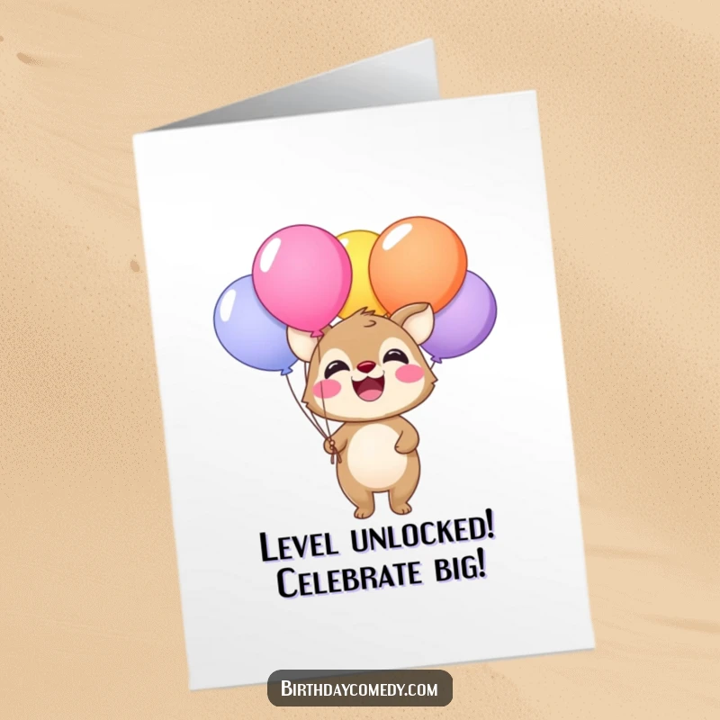 Funny Free Printable Congratulations Card: Happy animal with a wide smile holding colorful balloons, celebrating good news.