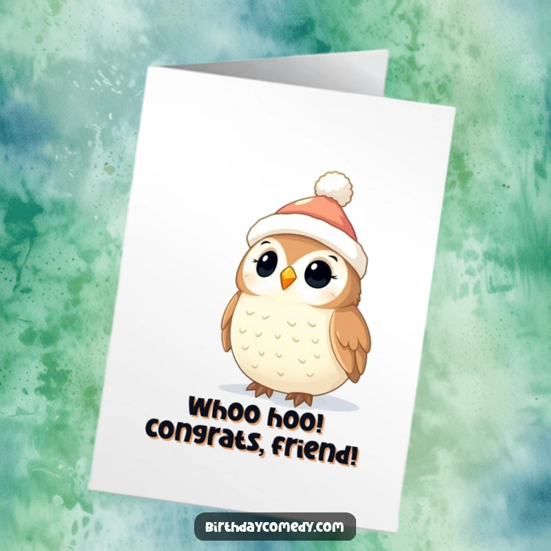 Funny Free Printable Owl Congratulations Card: Adorable owl in stocking cap looks up at twinkling lights, celebrating success.