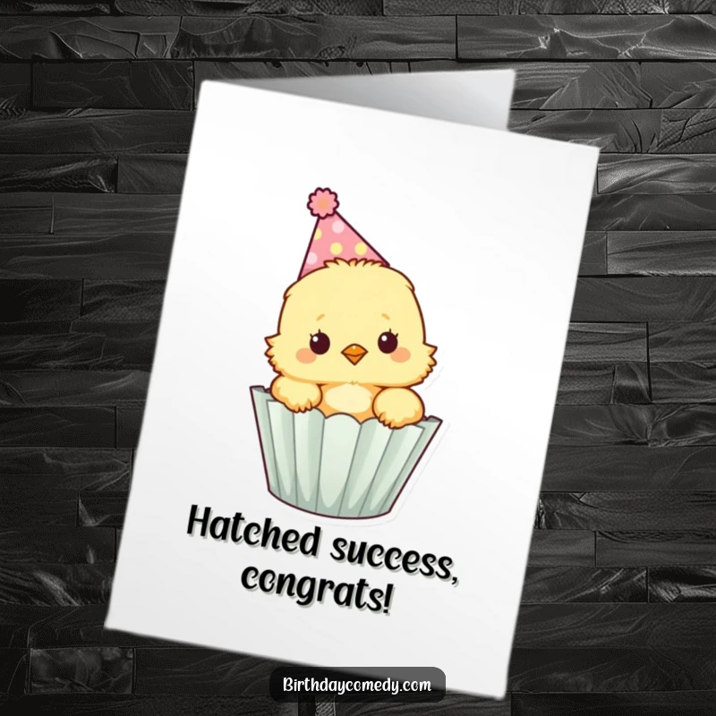 Funny Free Printable Congratulations Card: A party-hatted chick peeking from a cupcake, bringing sweet congratulations.