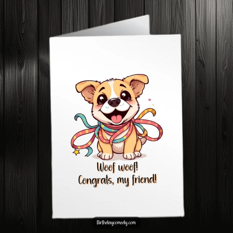 Funny Free Printable Dog Congratulations Card: Silly dog entangled in ribbons, celebrating a fantastic accomplishment.