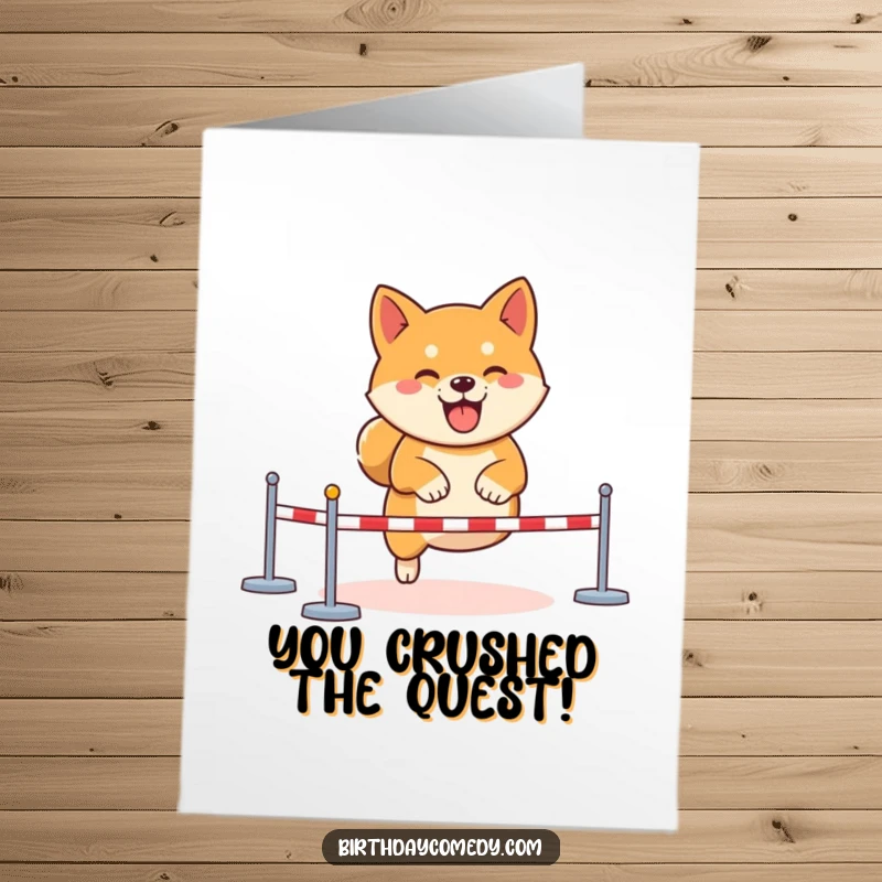 Funny Free Printable Congratulations Card: A determined Shiba Inu navigating a virtual obstacle course with glee, cheering for victory.