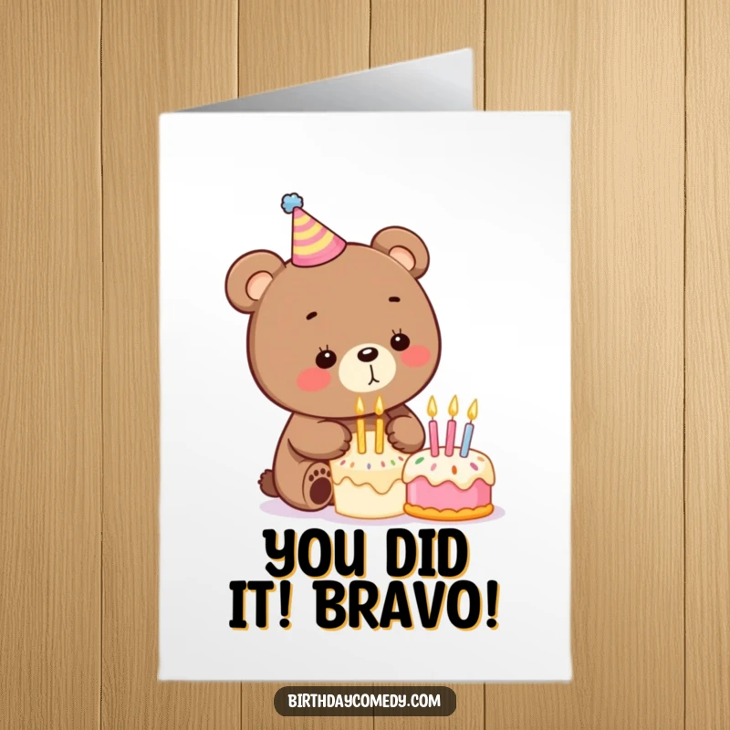 Funny Free Printable Congrats Card: Comical bear celebrating, perfect for announcing achievements with humor.