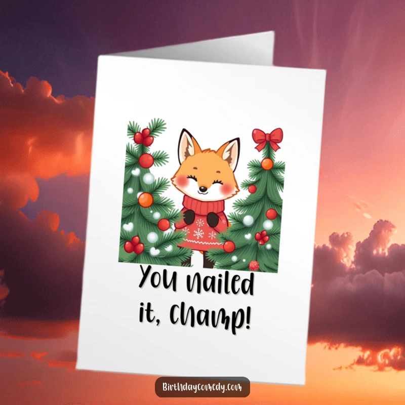 Funny free printable congratulations card showing a playful fox in a jumper peeking from behind a decorated pine tree.