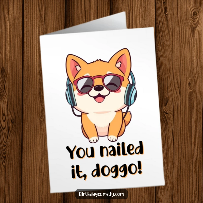 Funny Free Printable Congratulations Card: A Shiba Inu in retro headphones rocking out, perfect for celebrating achievements.