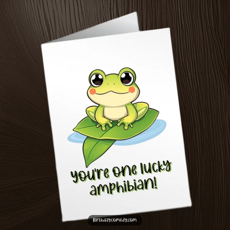 Funny Free Printable Congratulations Card: A content frog with bulging eyes floats happily on a leaf, celebrating your awesome victory.