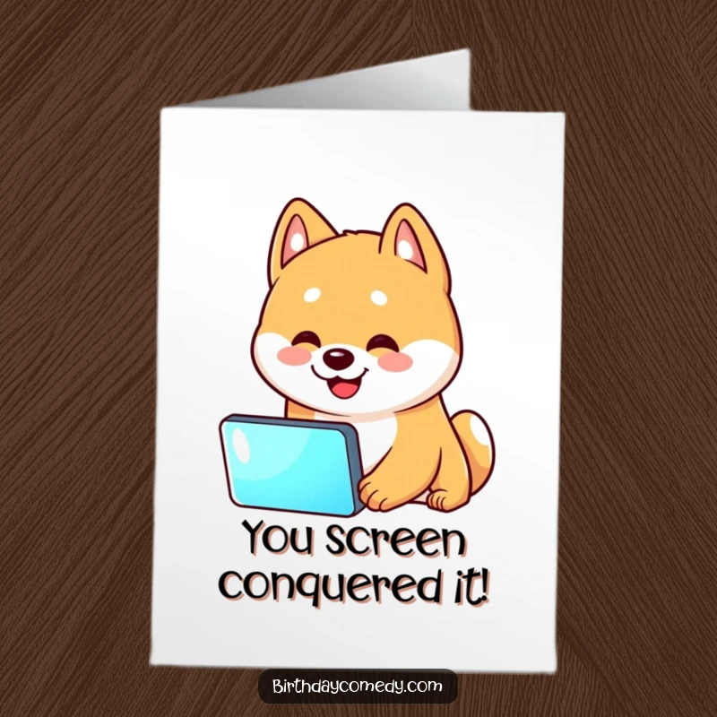 Funny Free Printable Congratulations Card showing a Shiba Inu captivated by a glowing screen, perfect for celebrating success.