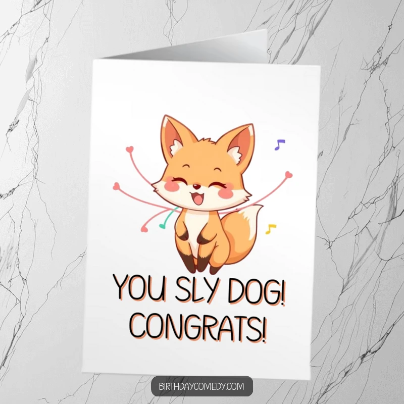 Funny Free Printable Congratulations Card: An energetic fox spins happily, streamers trailing from its tail in a celebratory twirl.