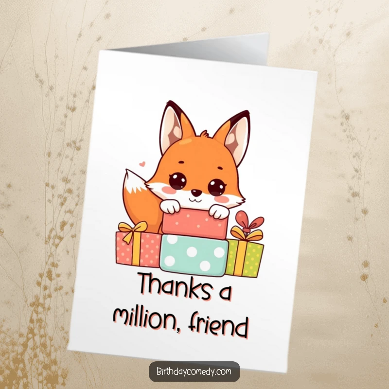 Funny Free Printable Thank You Card: Adorable fox peeking from gifts, expressing thanks with a cute surprise.