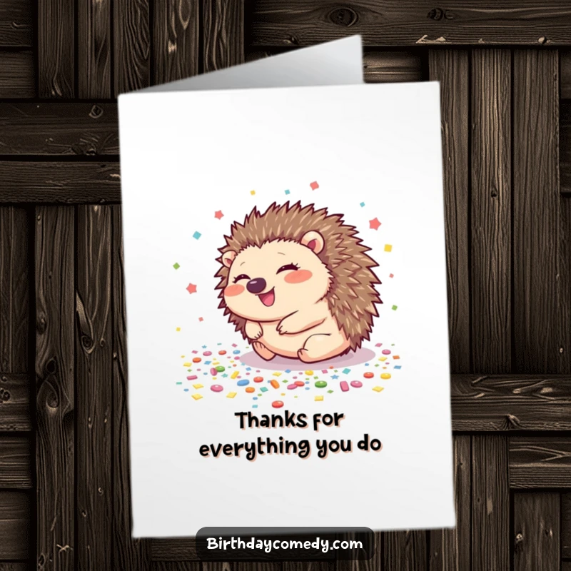 Funny Free Printable Thank You Card: Giggling hedgehog rolling on confetti, humorously expressing thanks.