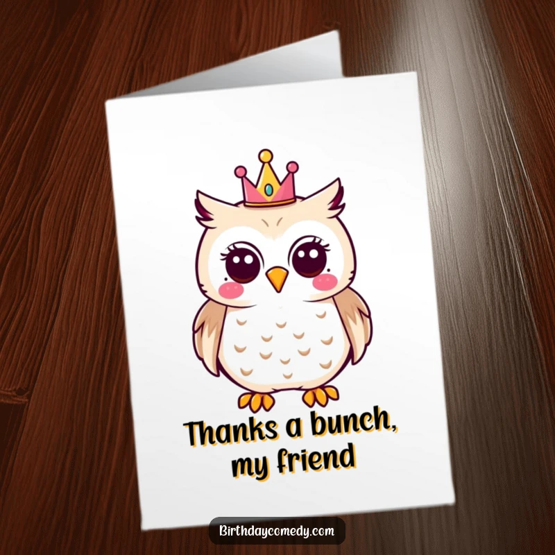 Funny Free Printable Thank You Card: Joyful owl wearing a tiny party crown, expressing heartfelt gratitude.