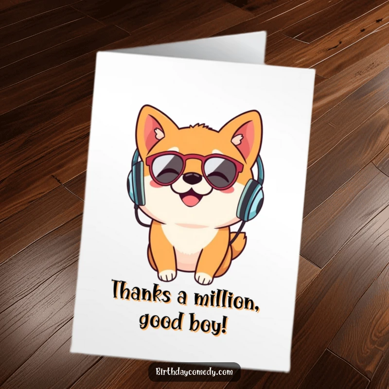 Funny Free Printable Thank You Card: A Shiba Inu DJ with headphones, sending groovy thanks with a wagging tail.