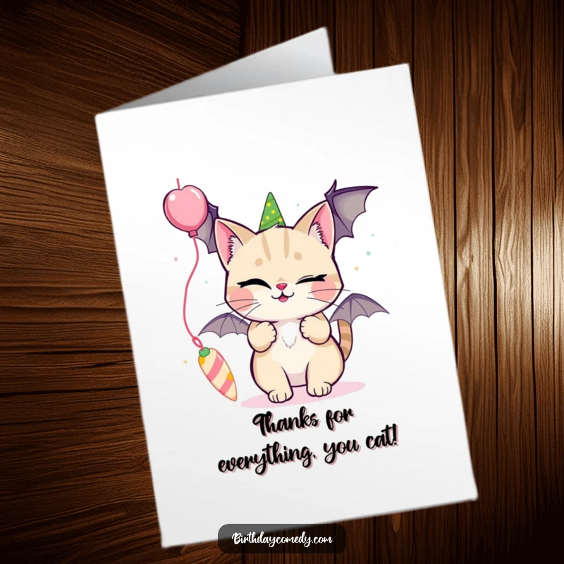 Funny Free Printable Thank You Card: A cat with a mischievous wink is seen batting playfully at a dangling, colorful party streamer.