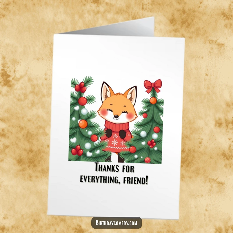Funny free printable thank you card with a playful fox in a festive jumper peeking from behind a tree.