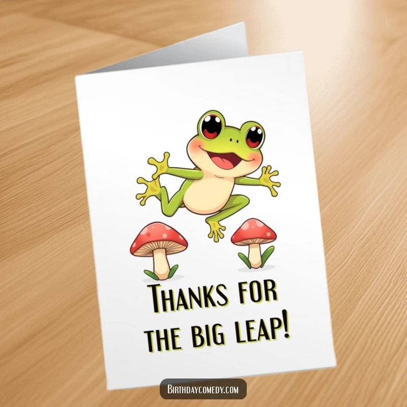 Funny Free Printable Thank You Card: A joyful frog leaps between mushroom caps, expressing thanks.