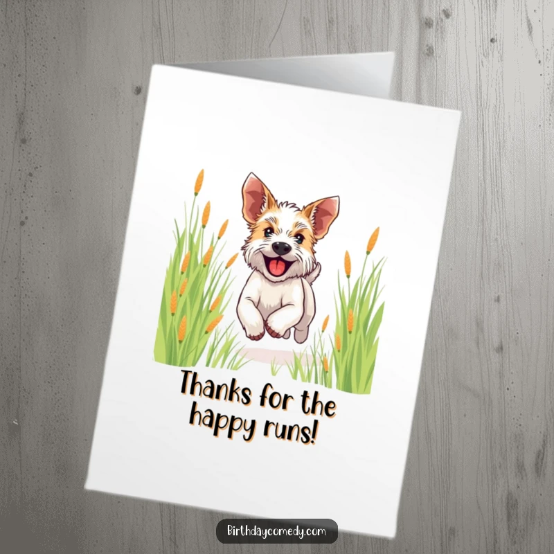 Free Printable Thank You Card: A happy terrier running with ears flapping through grass, sending thanks.
