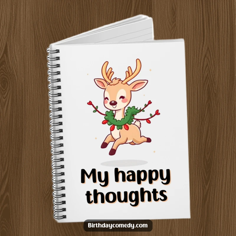 Funny notebook cover: A cute deer wearing a garland skips joyfully, perfect for jotting down merry and funny thoughts.